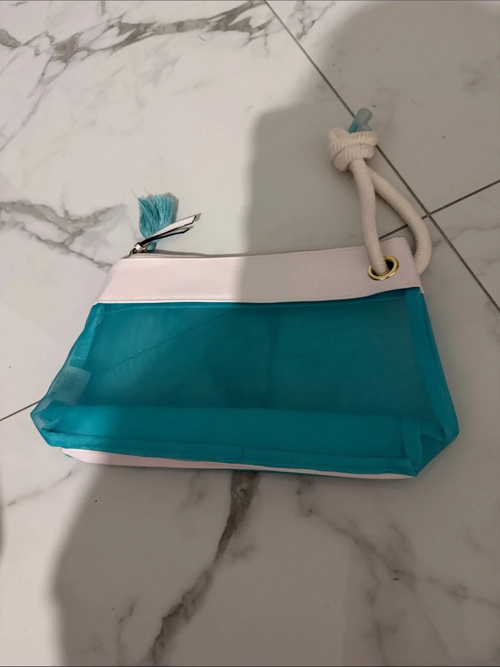 Victoria's Secret Teal and White Mesh Cosmetic Pouch or beach bag wristlet @@@